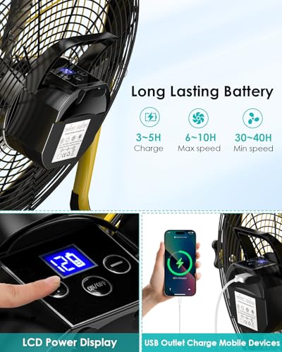 10'' Battery Operated Fan, Rechargeable Cordless Floor Fan, 6~40H Long Lasting Outdoor Camping Fan, 360° Tilt, Wireless, Quiet, USB Phone Charge, for Home Patio Gym Greenhouse Gazebo Outside - size: Yellow 10" Fan