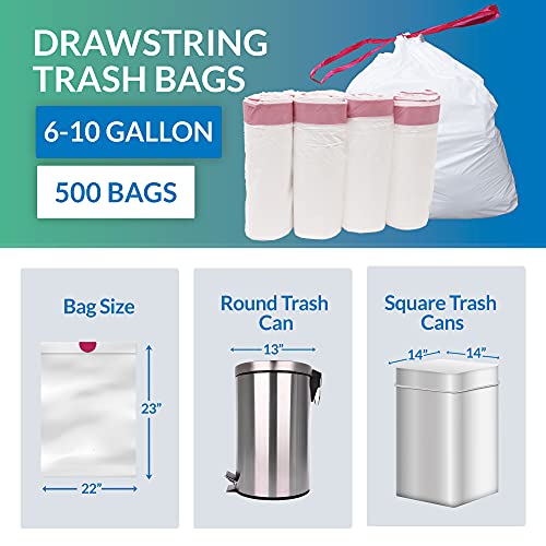 Reli. 6-10 Gallon Trash Bags Drawstring | 500 Count Bulk | 22"x23" | White Trash Can Liners | 6, 8, 10 Gallon Drawstring Garbage Bags | Small - Medium