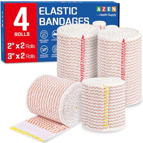 AZEN Premium 4 Pack Elastic Bandage Wrap (2x2", 2x3"), Compression Wrap Bandage for Legs, Ankle, Knee, Tummy, Body, Latex-Free, Lymphedema Wraps for Legs - color: Mix 4p (2in & 3in)