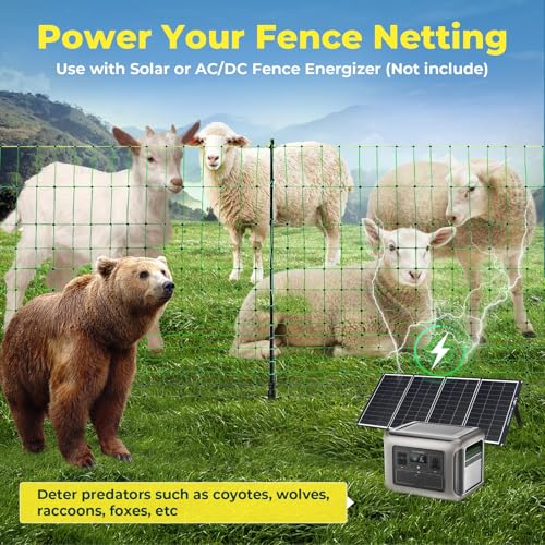 Electric Fence Netting, 164'L x 42.5" H, Portable Electric Fence for Goats, Livestock, Cattle, Sheep, 14 Double Spike Fiberglass Posts Pre-Assembled Net Fencing for Backyards, Farms and Ranches