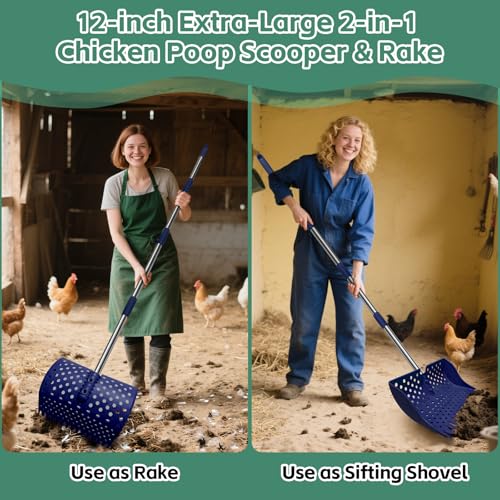 12" 2-in-1 Chicken Poop Scooper & Rake, 3-Shape Sifting Holes Chicken Coop Rake, Stainless Steel Handle (20–61") - Litter Scooper & Sand Sifting Shovel (U.S. Patent No. D1124534) - Blue