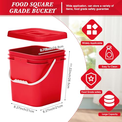 Mumufy 5 Pcs 3.5 Gallon Square Food Grade Bucket with Lid Square Bucket Pail Plastic Handles for Long Term Food Storage, Camping, Fishing, Home Organization Easy Stack and Store (Red) - color: Red