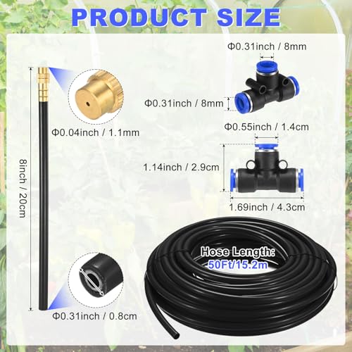 M METERXITY 1-Set Drip Irrigation System, 50Ft 5/16" Hose Garden Watering Misting System with 16pcs 360° Adjustable Copper Nozzles for Greenhouse/Yard/Lawns, Atomizing Watering Accessories - color: Black + Gold Tone, size: 50Ft 5/16"