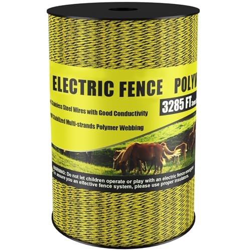 Upgrade Electric Fence Polywire 3285FT,1000 Meters, 6 Stainless Steel Strands for Reliable Conductivity, Portable Electric Fencing, UV Resistant, Rust Resistant, Highly conductive, Easy to Install - size: 3285 Feet