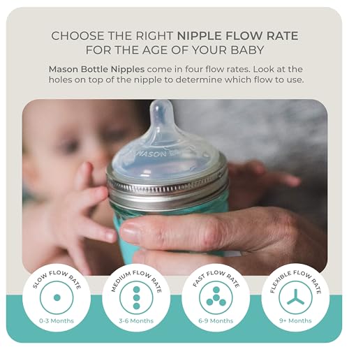 Mason Bottle Slow Flow Nipples (0–3 Months) – Silicone Baby Bottle Nipples, Fits Any Regular-Mouth Mason Jars – Wide Natural Shape, BPA-Free, Non-Toxic, Made in USA (2-Pack) | 0–3 Months Baby Bottle Anti-colic Silicone Nipples, Fits Any Regular Mouth Maso