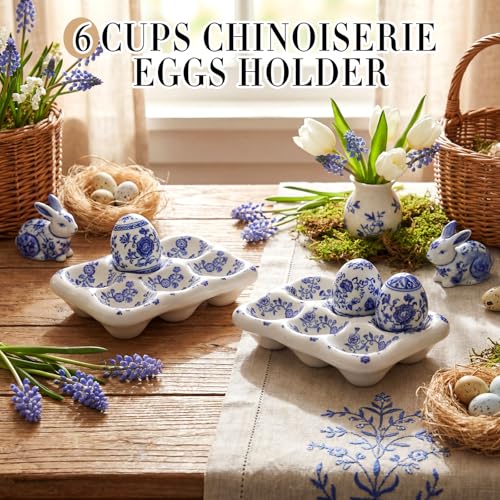 2 Pcs Ceramic Egg Tray 6 Cups Chinoiserie Eggs Holder Blue and White Porcelain Kitchen Counter Table Fridge Storage Accessory Blue Floral Spring Decoration for Housewarming Gift