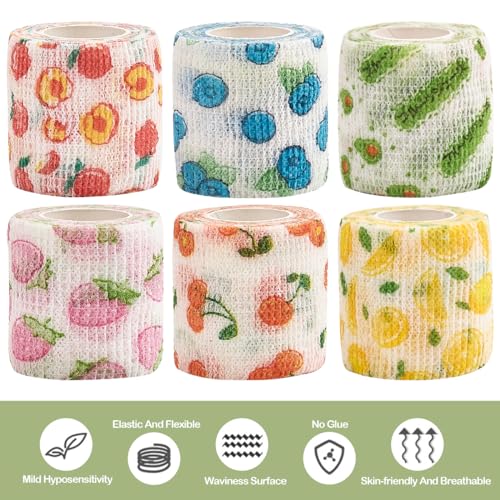 6 Rolls Self-Adhesive Bandage Wrap Non-Woven Vet Wrap Cohesive 2Inchx5yard for Dogs Cats Horse Leg Pet Animals Wounds Wrist Healing Sprains & Swelling Fruit Print - color: 6Rolls 2Inchx5yard Fruit