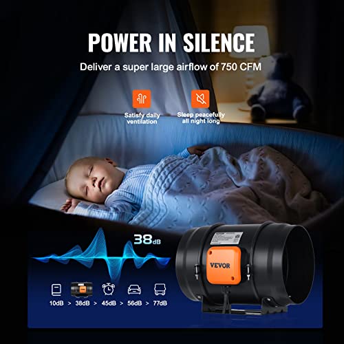 VEVOR Inline Duct Fan, 8-Inch 750 CFM with Variable Speed Controller, Quiet AC-Motor Ventilation Exhaust Fan for Cooling Booster, Grow Tents, Hydroponics | for Cooling Booster, Grow Tents, Hydroponics, Quiet AC-Motor, with Variable Speed Controller, Vibra