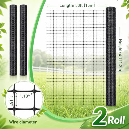Windyun 2 Rolls 4'x50' Plastic Mesh Fence for Garden | Black HDPE Reusable Mesh Fence Roll,100 ft Coverage Plastic Netting for Garden Yard Backyard Chicken Rabbit Dogs - size: 50 ft