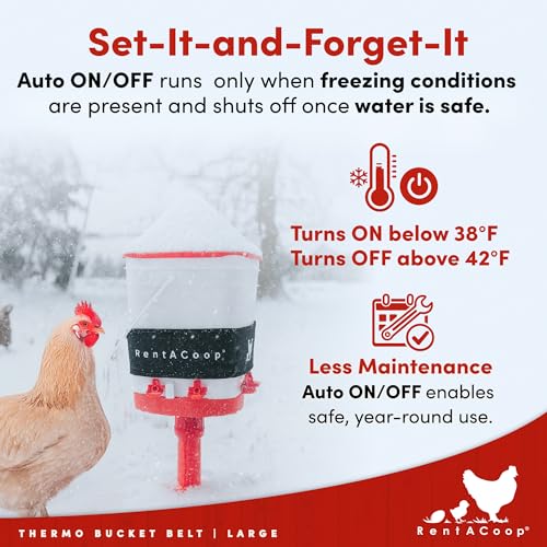RentACoop Heated Chicken Waterer Belt for Winter, Thermo Bucket Heater Strap LG with Insulated Wrap for 2-5 Gal, 40W Energy Efficient, Safe to -10°F, Auto Thermostat - size: Large