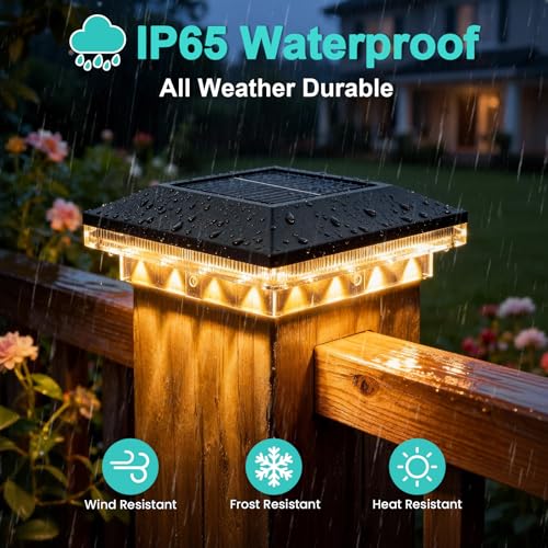 Brightever 4x4 Solar Post Cap Lights, 6 Pack Black Solar Post Cap Lights | 10-12 Hours of Illumination with 3 Lighting Modes, IP65 Waterproof, Outdoor, for Fence, Deck, Patio, Yard, Porch - color: Black