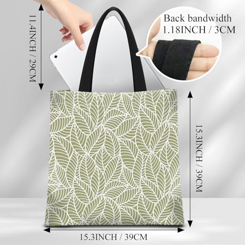Canvas Tote Bag for Women，Cute Heavy-Duty Shoulder Bag with Zipper Pocket -Travel Tote for Grocery, Gym,Shopping - color: Green Leaves