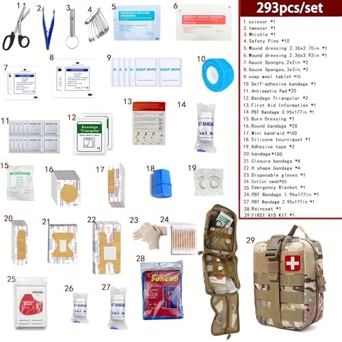 293Pcs/set - First Aid Kit Molle Pouches Emergency Survival Kit Suitable for Outdoor Activities, Home, School, Hiking, Car Travel and Camping - Quick Response First Aid Essentials (CP) - color: Cp