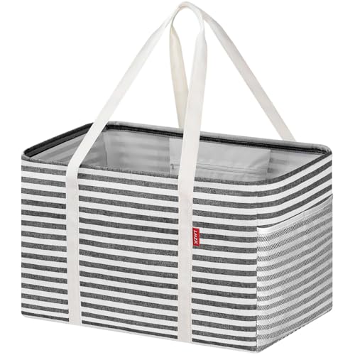 LHZK Standing Utility Tote Bag with Metal Wire Frame and the Sides Rinforced, Large Tote Bag with Handle, Reusable Grocery Bags Foldable, Beach Bag, Car Tote, Black, 18.5''x11.8''x11.5'' | Metal Wire Frame - color: Black/White, size: 18.5''x11.8''x11.5''-