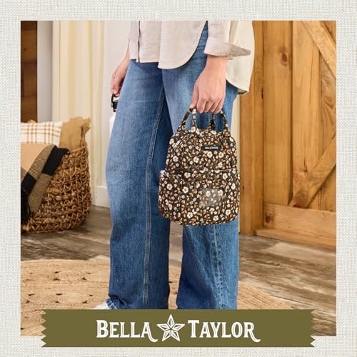 Bella Taylor Lunch Tote, Quilted Lunch Bag, Vintage Vine Black | Lightweight quilted cotton lunch box, easy-to-clean PEVA lining, 3 outside/1 inside pocket, durable construction - color: Vintage Vine Midnight