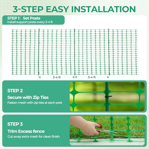 Ohuhu 3.4'x100' Plastic Garden Fence Safety Fence with 16MM Thicker Stakes | Reusable HDPE Garden Fence Roll with 25Pcs 4FT Stakes, Temporary Fence for Animal Barrier Construction Snow Fence Poultry Dog - color: Green