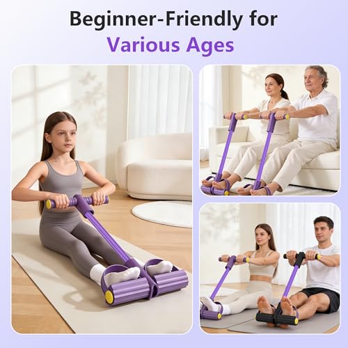 Pedal Resistance Band with Handle, 6-Tube Natural Rubber Exercise Bands | Upgraded Foot Pedal Resistance Bands for Working Out, Multifunction Tension Rope for Abdomen, Waist, Arm, Leg, Pilates - color: Purple