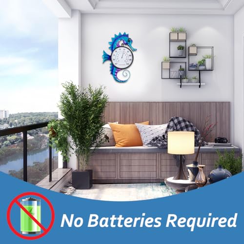 14" Seahorse Outdoor Thermometer No Need Battery | Indoor Wall-Mounted Thermometer, Easy to Read for Patio Garden Living Room Decor - color: Blue Seahorse