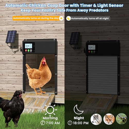 Automatic Chicken Coop Door Solar Powered, WiFi Automatic Chicken Door APP Control, Solar Chicken Coop Door Timer & Light Sensor, Auto Chicken Coop Door Opener LCD Display Aluminum Anti-Pinch Design