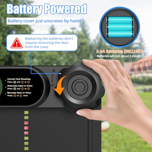Automatic Chicken Coop Door Opener, Battery Powered & Anti-Pinch Sensor | Aluminum Alloy Door, Large LCD Display, Smart Timer, Waterproof, Auto Open/Close for Hens, Ducks, Geese Poultry