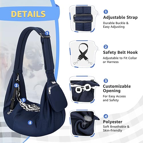 SlowTon Dog Carrier Sling - Thick Padded Shoulder Strap Adjustable, DBL, S | Dog Carriers for Small Dogs, Puppy Carrier Purse for Pet Cat with Front Zipper Pocket Safety Belt Machine Washable - color: F-Navy Knitted Fabric