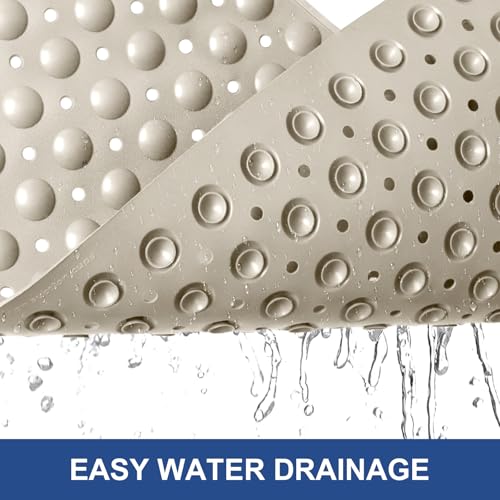Shower Mat Non Slip: 47" x 32" Large Shower Mats for Inside Shower - Soft TPE Cuttable Anti Slip Shower Stall Mat with Drain Holes and Suction Cups - color: Khaki, size: 47" x 32" (Rectangular)