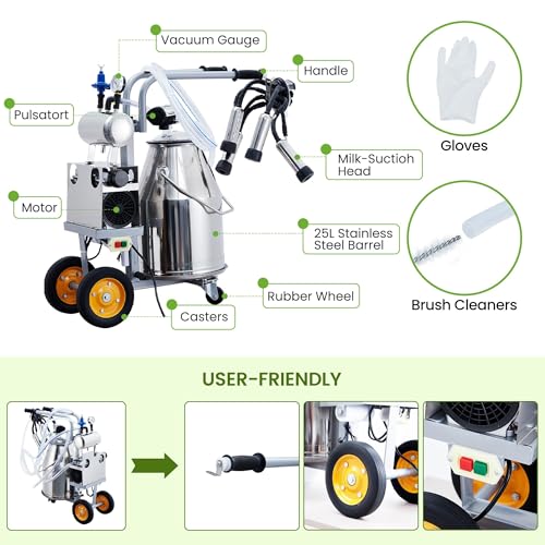 Cow Milking Machine Portable, 55KPA 15000 RPM Electric Milker Machine | Milking Equipment with 25 L/6.6 gal Stainless Steel Bucket 5-8 Cows Per Hour with Silicone Cups and Tubes for Cows and Goats