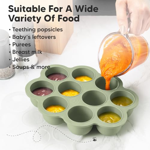KeaBabies Silicone Food Freezer Trays with Lid, 2oz x 10 Pods (Sage) | Baby Food Storage Containers, Easy Puree Meal Prep, Breast Milk Silicone Freezer Molds, Dishwasher, Microwave Safe, BPA-Free - color: Sage