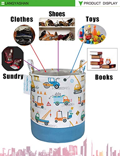 Round Thick Laundry Basket Collapsible Organizer Boys Engineering Car | Canvas Foldable Storage Hamper Sturdy Rope Handles for Household Gift Baskets Bedroom Clothes Toys Children Nursery - color: Thick Engineering Car