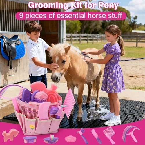 Horse Grooming Brush Kit, 9Pcs Horse-Brush Set with Organizer Tote Bag, Shower Brushes, Braiding Comb, Sweat Scraper, Hoof Pick, Shedding Massaging Tool Supplies for Riders Beginners, Pink - size: 9 Count (Pack of 1)