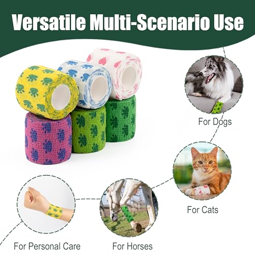 Vet Wrap Cohesive Bandages, Self-Adhesive Bandage Wrap, Breathable Non-Woven Self Adherent Tape for Pet Dog Leg Paw Wound, Horse, Cat, First Aid & Ankle Sprain, 2 Inch, 6 Rolls - color: Paw Prints B