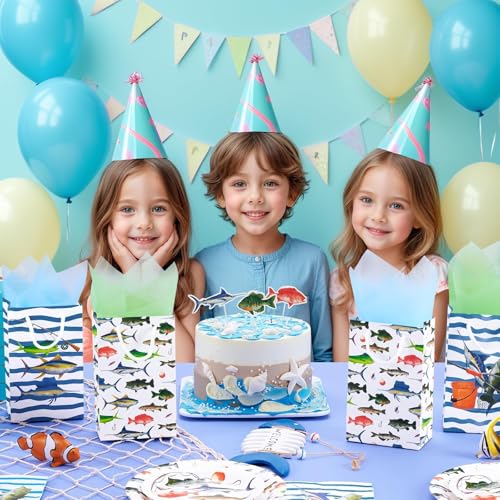 WERNNSAI 16 PCS Gone Fishing Party Goodie Bags | Gone Fishing Birthday Supplies, Fishing Candy Gift Bags with Handle for Boys Little Fisherman, Paper Treat Favor Bag - color: Blue and White