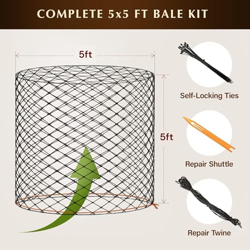 5x5 ft Round Bale Hay Net for Horses – 2 Inch Hole Slow Feeder – 4x4 and 6x6 Sizes Also Available – Knotless Mesh Design – Easy to Put On Over Bales – Built for Everyday Horse Feeding - size: Bale Size 5x5 FT