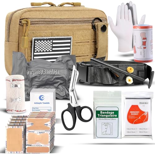 IFAK Trauma Kit with Tourniquet, 4-Inch Israeli Bandage, Elastic Bandages, Set of 34 Pieces Tactical First Aid Kit for Car, Camping, Hiking and Travel - color: Brown