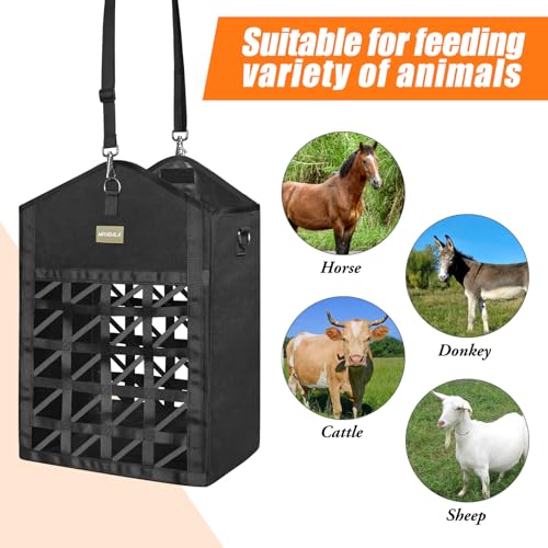 Dual Purpose Feed Horse Hay Bags, 2 Pack Large Black Oxford Fabric | Two-Sided Ultra-Slow Feed Oxford Hay Bags for Horses with Large Opening, Hook-and-Loop Top Closure & Adjustable Hanging Strap - size: Large 2 Pack