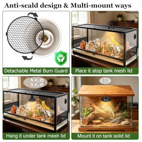 5-in-1 Reptile Heat Lamp Fixture Anti-Scald Guard 4.7" Hanging | Dome Light Fixture with Timer & 2 Pack 50W Halogen Warm Yellow Basking Light Bulb for Bearded Dragon, Gecko, Snake, Turtle