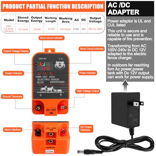 MorningRo 2.5j Electric Fence Charger with Digital Display & Alarm, Ac Dc 2 in 1 Power, 12v Input 8kv/12kv Output, 50 Black Electric Fence Insulator, 1 Socket Tool, 250ft Aluminum Wire Animal Control