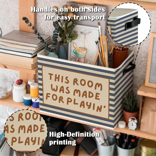 Blue Striped Kids Playroom Storage Bins Box with Handles, This Room Was Made for Playing Collapsible Basket Organizer for Kids Nursery Bedroom Bathroom Playroom Books Clothes - color: Color15