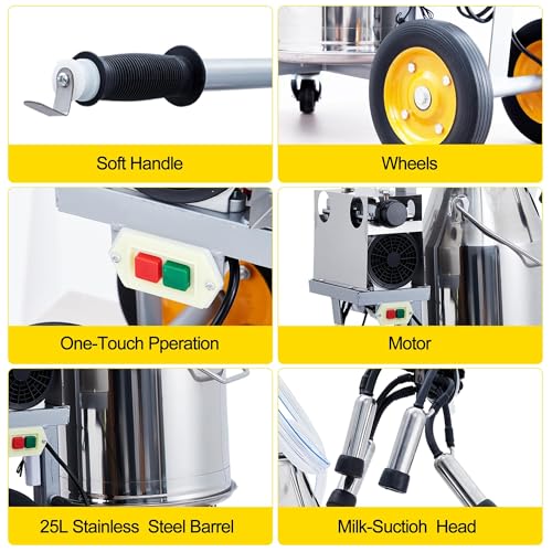 Cow Milking Machine Portable, 55KPA 15000 RPM Electric Milker Machine | Milking Equipment with 25 L/6.6 gal Stainless Steel Bucket 5-8 Cows Per Hour with Silicone Cups and Tubes for Cows and Goats