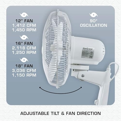 Hurricane Supreme 90-Degree Oscillating Wall Fan, 3 Speeds, White - 12in | Quiet Operation - Wall Mount Corded Electric Air Cooling Unit with Adjustable Tilt & Pull Cords for Home, Garage & Workshop - style: 12" Supreme