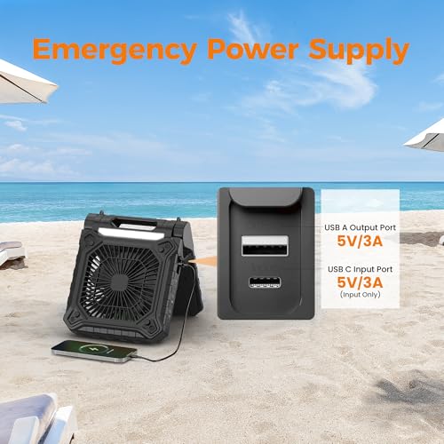 KITWLEMEN 10.2 Inch Solar Camping Fan with Light- Rechargeable Battery Operated Fan, 38H Run Time, 3 Speed, 6H Timer, SOS Signal, Portable Desk Fan for Camping Fishing RV Trips Hurricane Power Outage