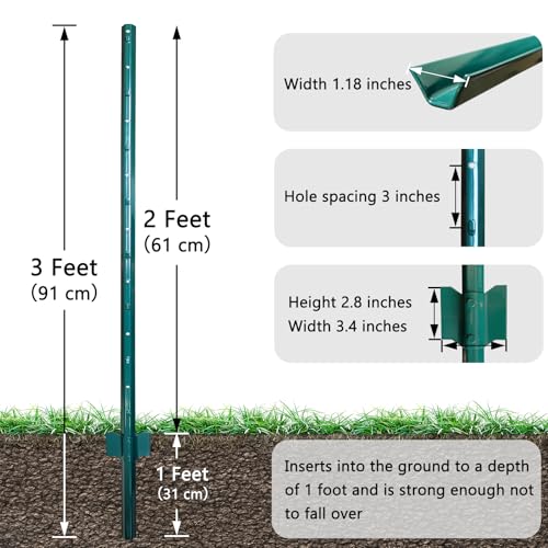 3ft Fence Posts, Pack of 10 - Sturdy Metal U-Posts & Step-in Stakes | No Digging Poles for Garden Wire Fencing and Yard Signs (Fits 2-ft Fence Mesh) - size: 3 Feet