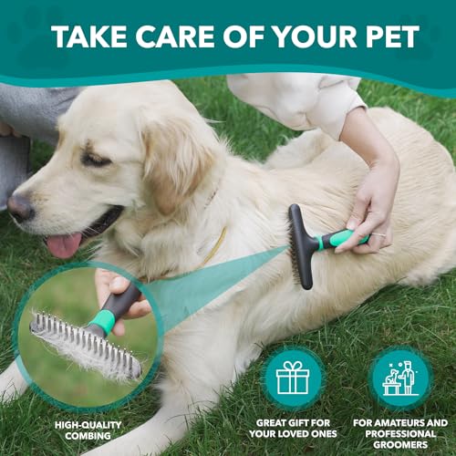 DOGI Deshedding Brush Comb - Undercoat Rake for Dogs, Cats, Short, Long Hair Coats - Double Row Stainless Steel Pins - Reduce Shedding by 90% (Green) - color: Green