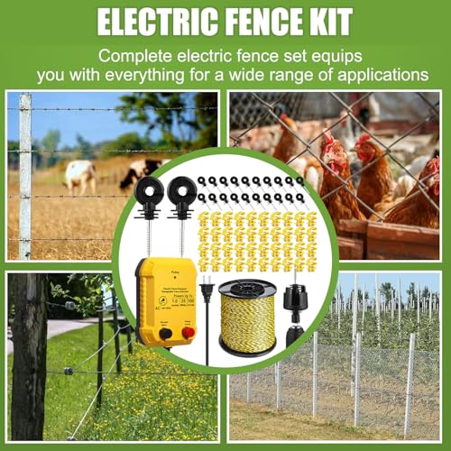 Electric Fence Kit, 1J Charger 3366ft Wire 60 Insulators | 5 Mile 110V Plug in Electric Fence, Polywire for Livestock Horse Cattle Poultry, T Post Screw Insulators, Farm Pasture - size: 3366FT, style: 1J