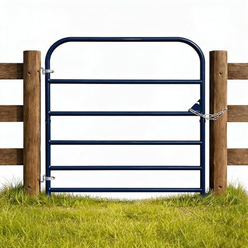 4 ft W x 50 in H Farm Gate, 6-Bar Steel Livestock Gate for Horse & Cattle | Heavy-duty horse gate and cattle gate with 6-bar steel tubing, chain latch and animal-safe spacing for farms and corrals.