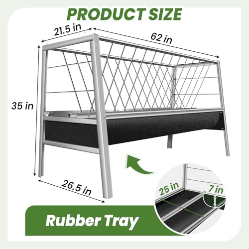 Pasture Feeder 90 Gallon Goat Hay Feeder, Rubber Tray with Stainless Steel Frame Hay Rack with 25'' Wide Tray for Goats, Sheep, Horses, Lamb, Ease of Assembly, Rust-Proof, Silver - style: Rubber Tray with Stainless Frame