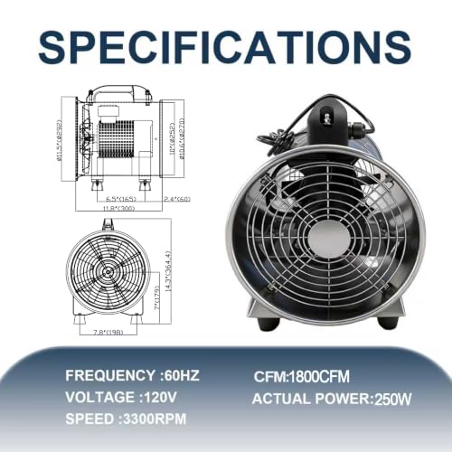 10 Inch Stainless Steel Portable Blower Fan, 1800CFM High Velocity Industrial Exhaust Fan, 16.4ft PVC Duct,Low Noise Ventilation Fan for Workshop Garage Warehouse - size: 10inch