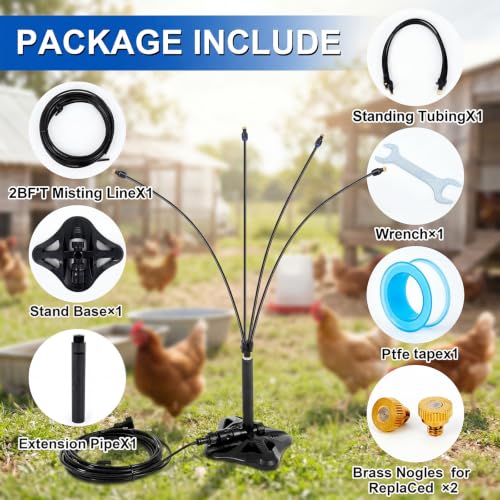 VIHOSE 2 Set Standing Misters for Chicken Coop, 30.7 Inch Height Portable Misting System, 26.2 ft Stand Misting Line for Chickens, Helps Keep Flocks Cooler During Hot Weather, Reduce Dust