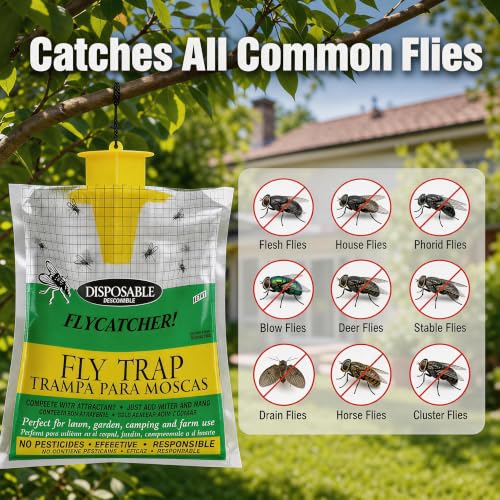 Fly Traps Outdoor Hanging, Natural Pre-Baited Bug Catcher Bags, Non-Toxic Flying Insect Killer for Outside Home, Patio, Trash Can, Horse Stables, Farm, Pastures, Backyard & Camping,4 Pack