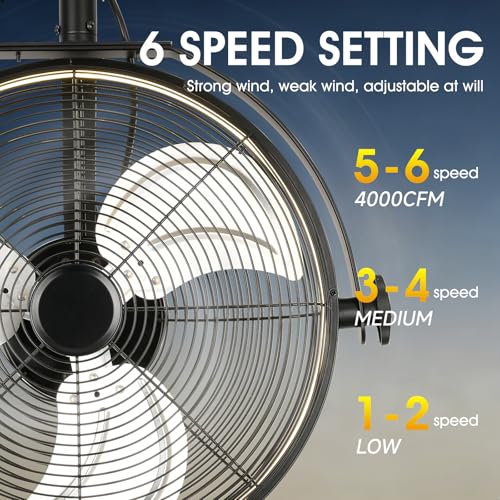 AHAWILL 20 Inch Wall Mount Fan with Lights,6-Speed High Velocity Wall Fan Dimmable Gazebo Fan,360°Adjustable Tilt Industrial Outdoor Fans for Patio,Garage,Workshop,Commercial,Black - size: 20 inch